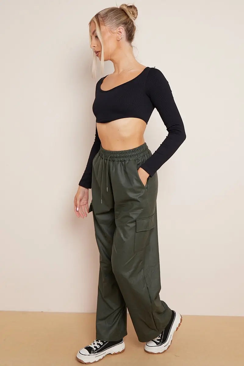 Minimalist Drawstring Waist Wide Leg PU Cargo Pants
