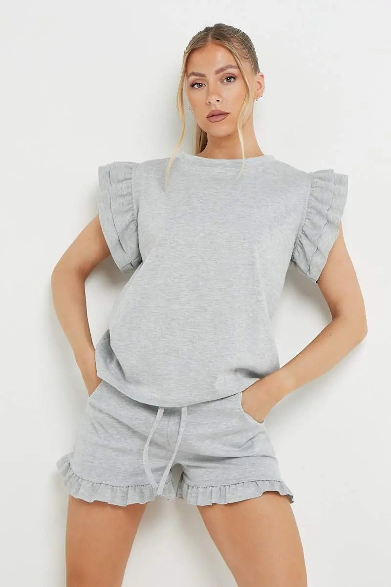 Trendy Ruffle Sleeve Loose Top & Drawstring Waist Shorts Co-ord