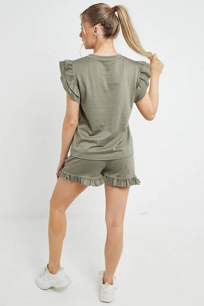 Trendy Ruffle Sleeve Loose Top & Drawstring Waist Shorts Co-ord