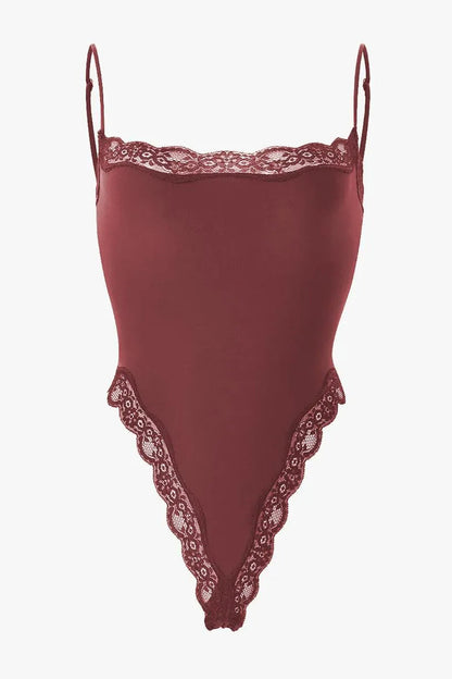 Sexy Solid Color Spaghetti Strap Lace Trim Stretch Bodysuit