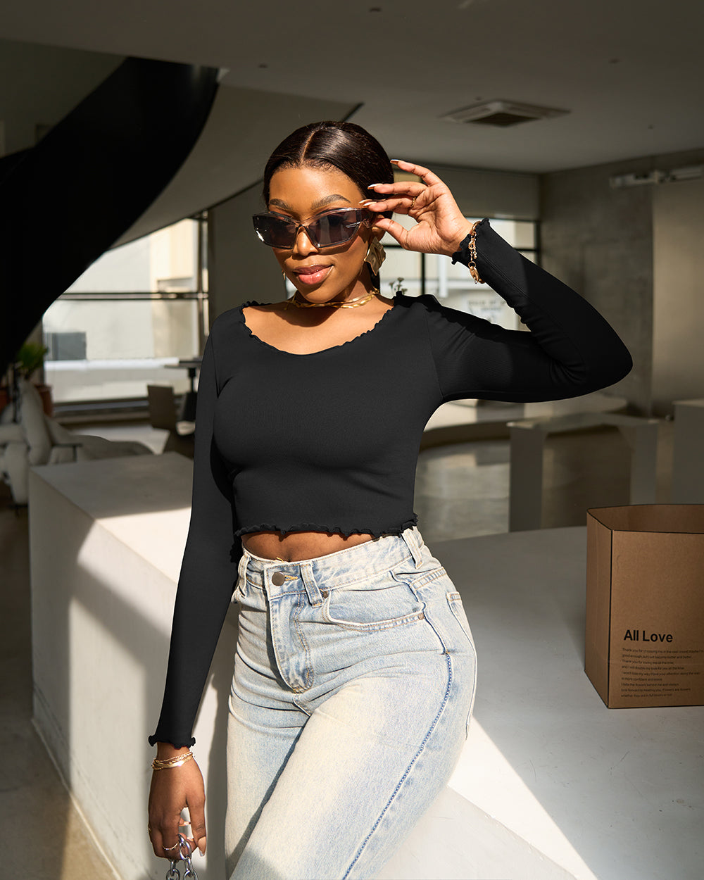 Long Sleeve V Neck Crop Tops Ruffled