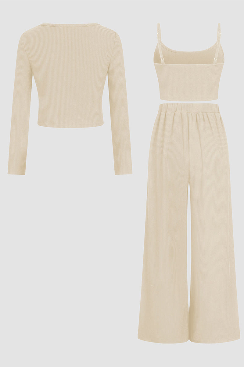 Minimalist Slim Camisole & High-Waist Trousers with Long-Sleeve Cardigan 3-Piece Set