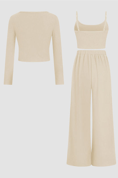 Minimalist Slim Camisole & High-Waist Trousers with Long-Sleeve Cardigan 3-Piece Set