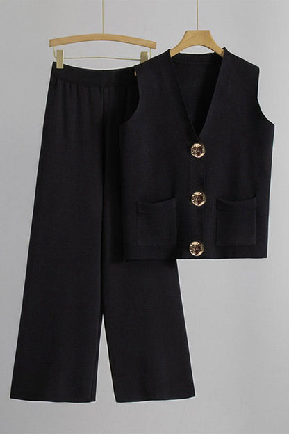 Minimalist Solid V-Neck Button Tank Top & Wide-Leg Trousers Co-ord