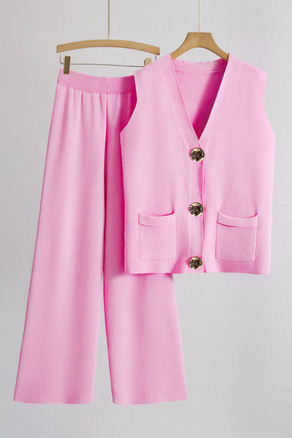 Minimalist Solid V-Neck Button Tank Top & Wide-Leg Trousers Co-ord