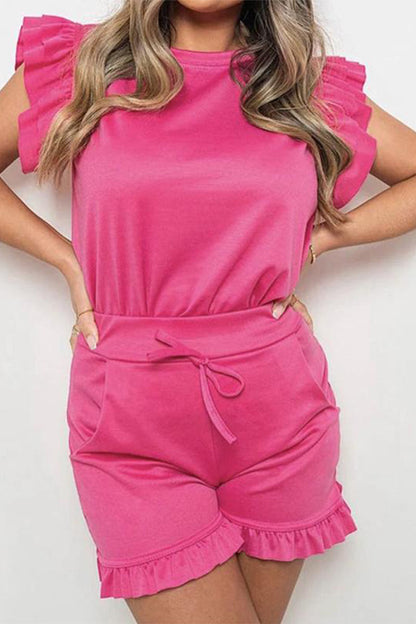 Trendy Ruffle Sleeve Loose Top & Drawstring Waist Shorts Co-ord