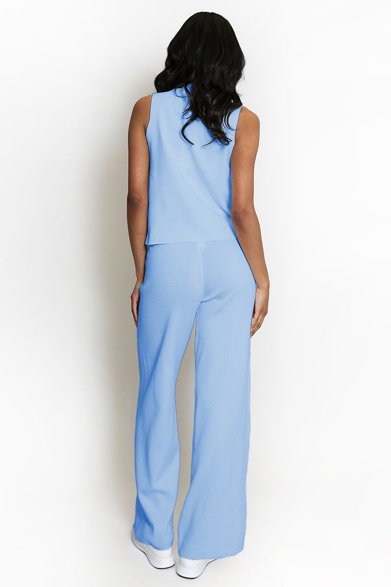 Minimalist Solid V-Neck Button Tank Top & Wide-Leg Trousers Co-ord
