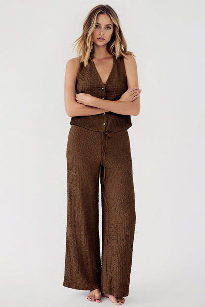 Leisure V-Neck Button Tank Top & Low-Rise Wide Leg Trousers Co-ord