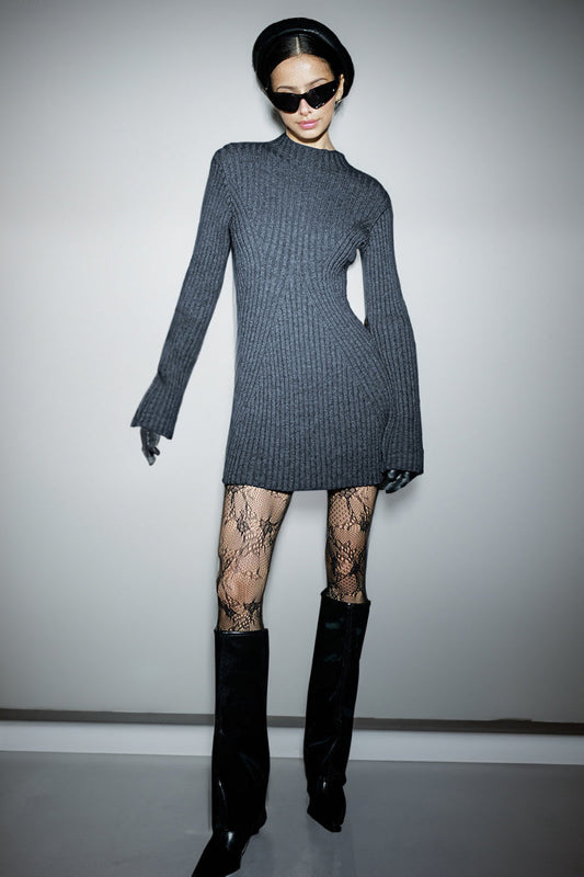 Versatile Knit Crew Neck Cuff Slit Rib Slim Sweater Dress