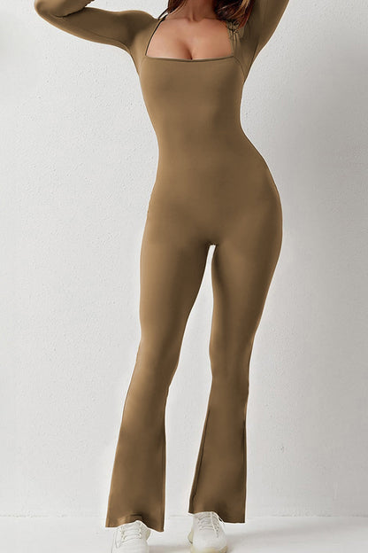 Square Neck Long Sleeve Seamless Shaping Flared Jumpsuit