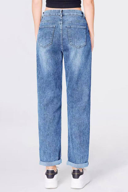 Mid-Rise Wide-Leg Jeans Roll Cuff Vintage Multi-Pocket Street Style