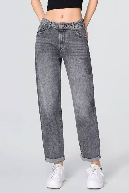 Mid-Rise Wide-Leg Jeans Roll Cuff Vintage Multi-Pocket Street Style
