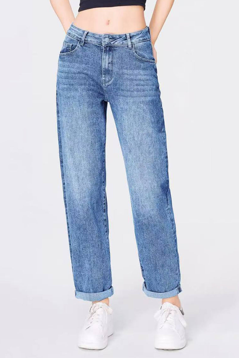 Mid-Rise Wide-Leg Jeans Roll Cuff Vintage Multi-Pocket Street Style