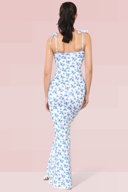 Breezy Adjustable Strap Floral Print Tie-Up Slinky Maxi Dress