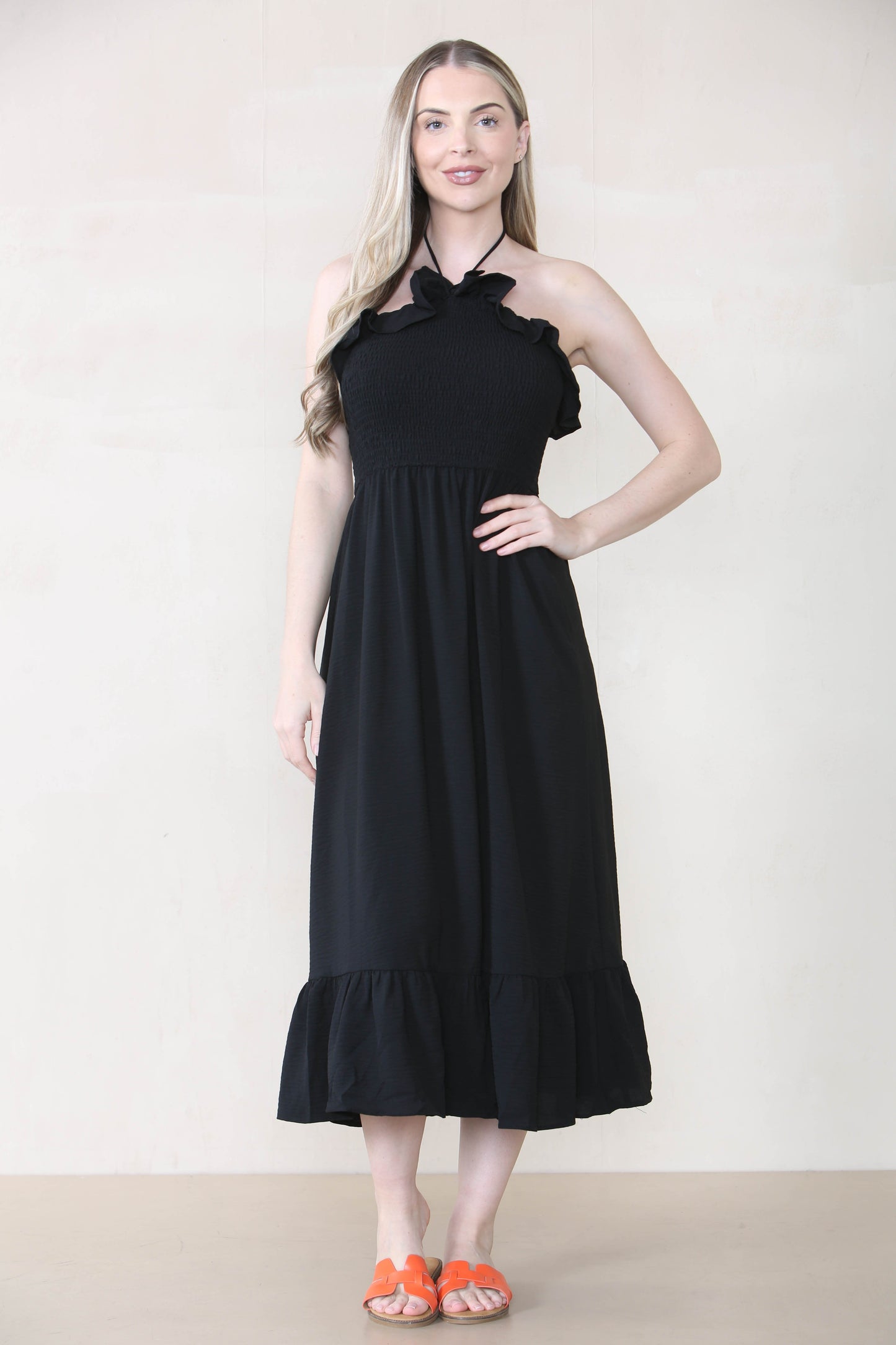 Lovely Plain Sleeveless Frill Front Tie Pleated Maxi Dress