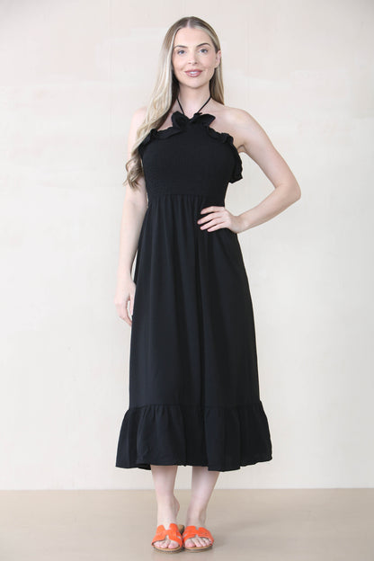 Lovely Plain Sleeveless Frill Front Tie Pleated Maxi Dress