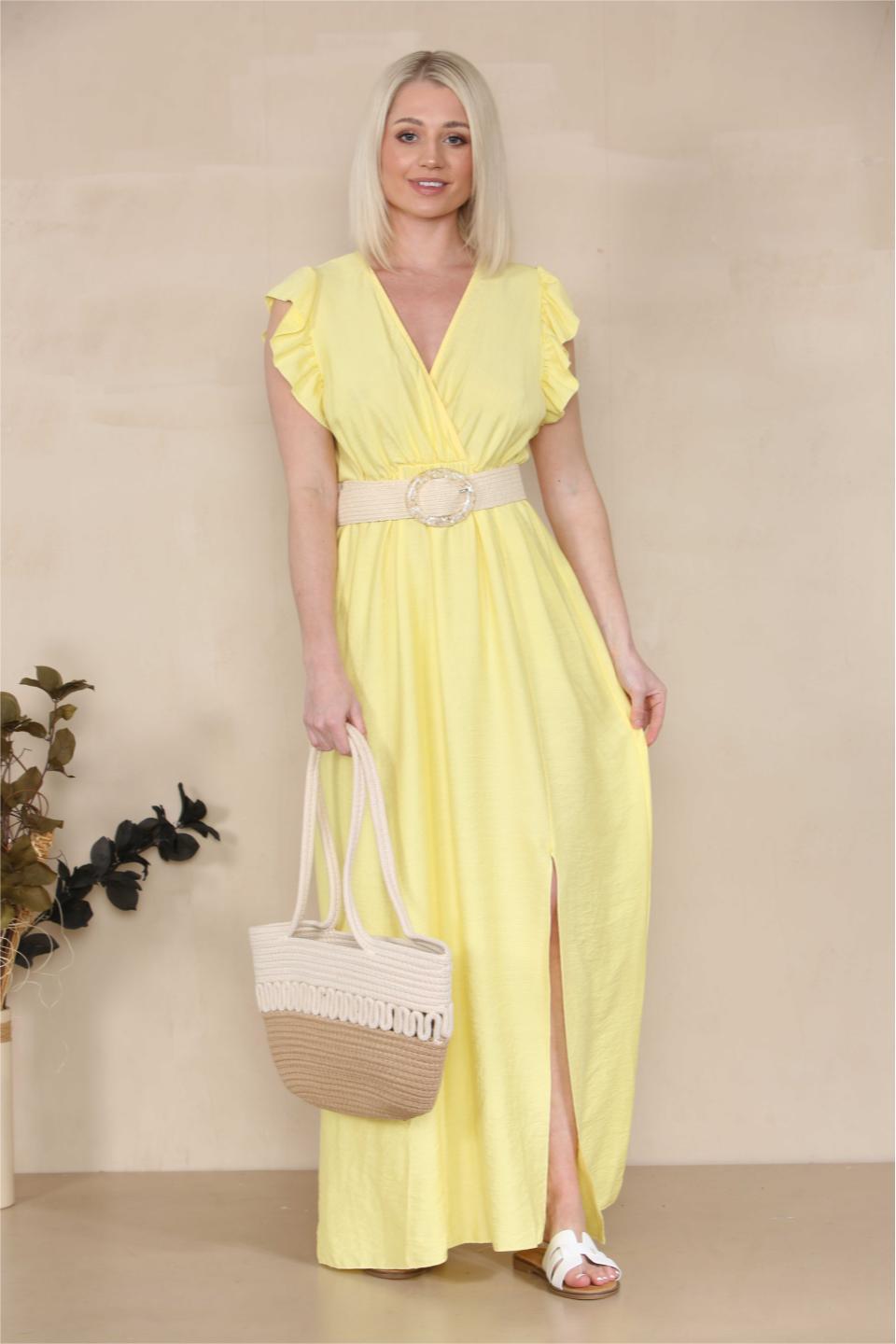 Elegant Solid V Neck Puff Sleeve Tie-Up Slit Maxi Dress