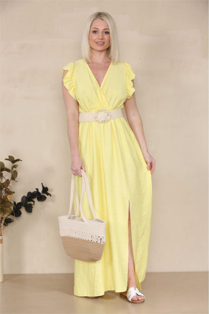 Elegant Solid V Neck Puff Sleeve Tie-Up Slit Maxi Dress