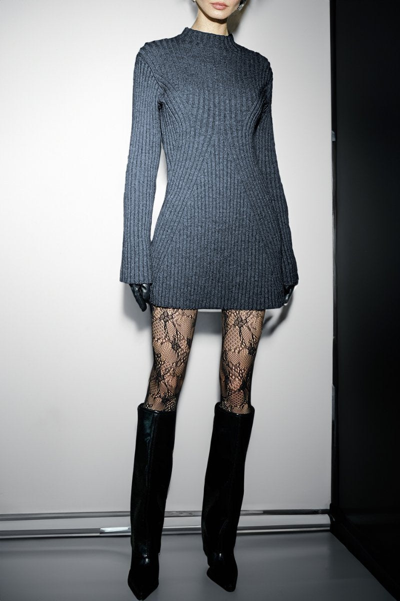Versatile Knit Crew Neck Cuff Slit Rib Slim Sweater Dress