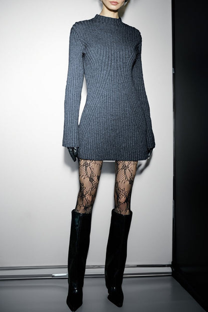 Versatile Knit Crew Neck Cuff Slit Rib Slim Sweater Dress