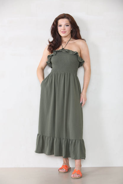 Lovely Plain Sleeveless Frill Front Tie Pleated Maxi Dress