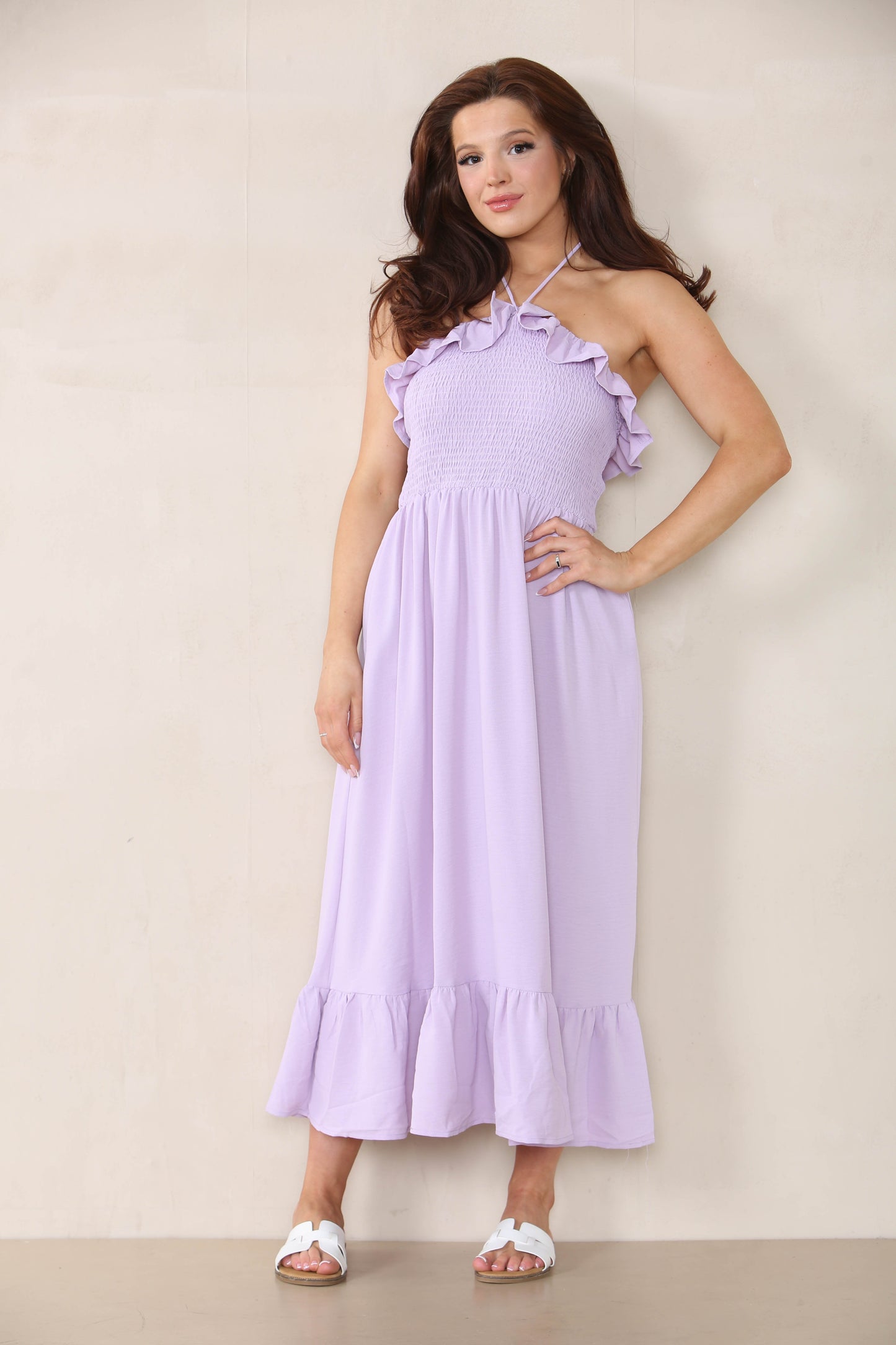 Lovely Plain Sleeveless Frill Front Tie Pleated Maxi Dress