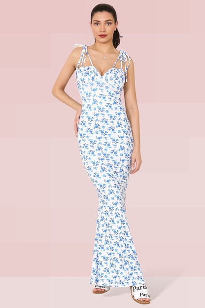 Breezy Adjustable Strap Floral Print Tie-Up Slinky Maxi Dress