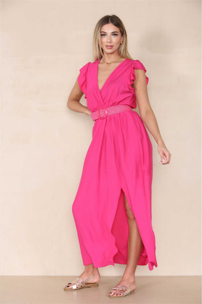Elegant Solid V Neck Puff Sleeve Tie-Up Slit Maxi Dress