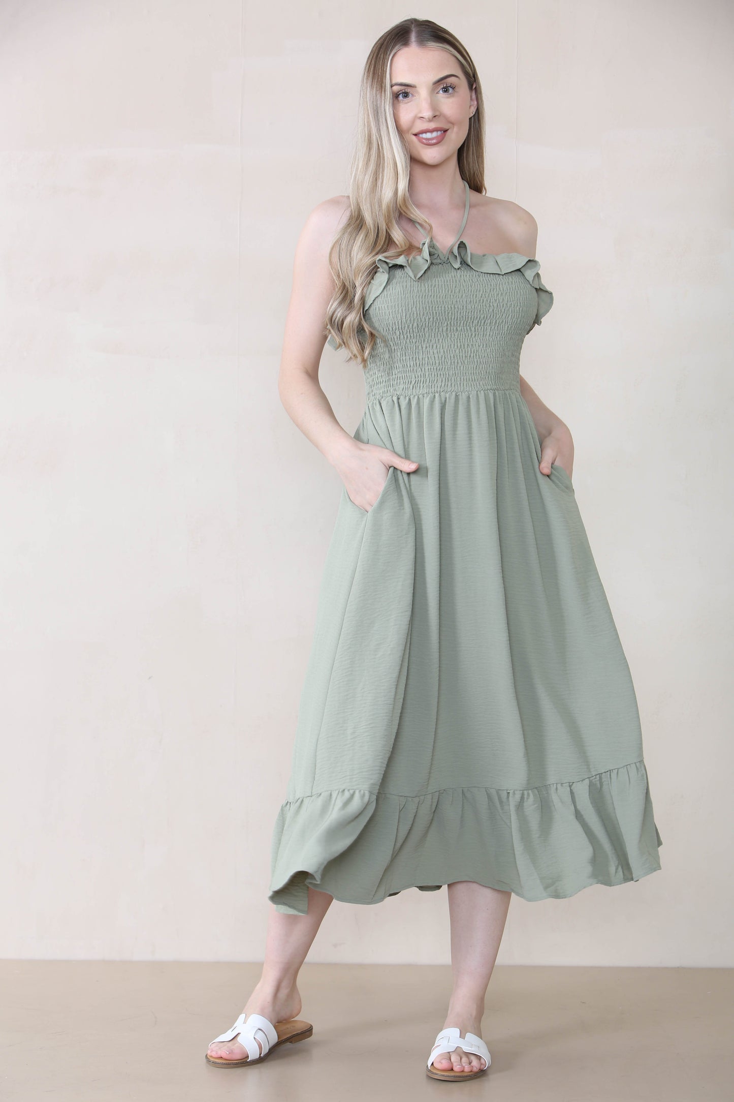 Lovely Plain Sleeveless Frill Front Tie Pleated Maxi Dress