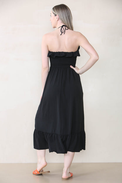 Lovely Plain Sleeveless Frill Front Tie Pleated Maxi Dress