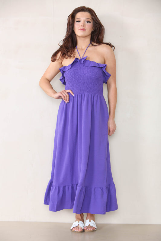 Lovely Plain Sleeveless Frill Front Tie Pleated Maxi Dress