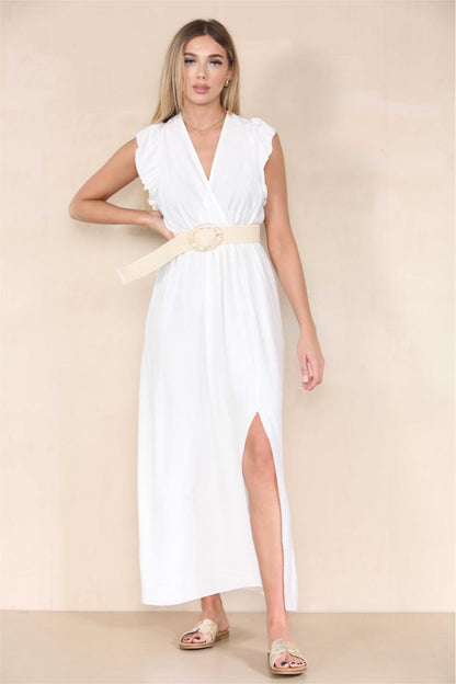 Elegant Solid V Neck Puff Sleeve Tie-Up Slit Maxi Dress