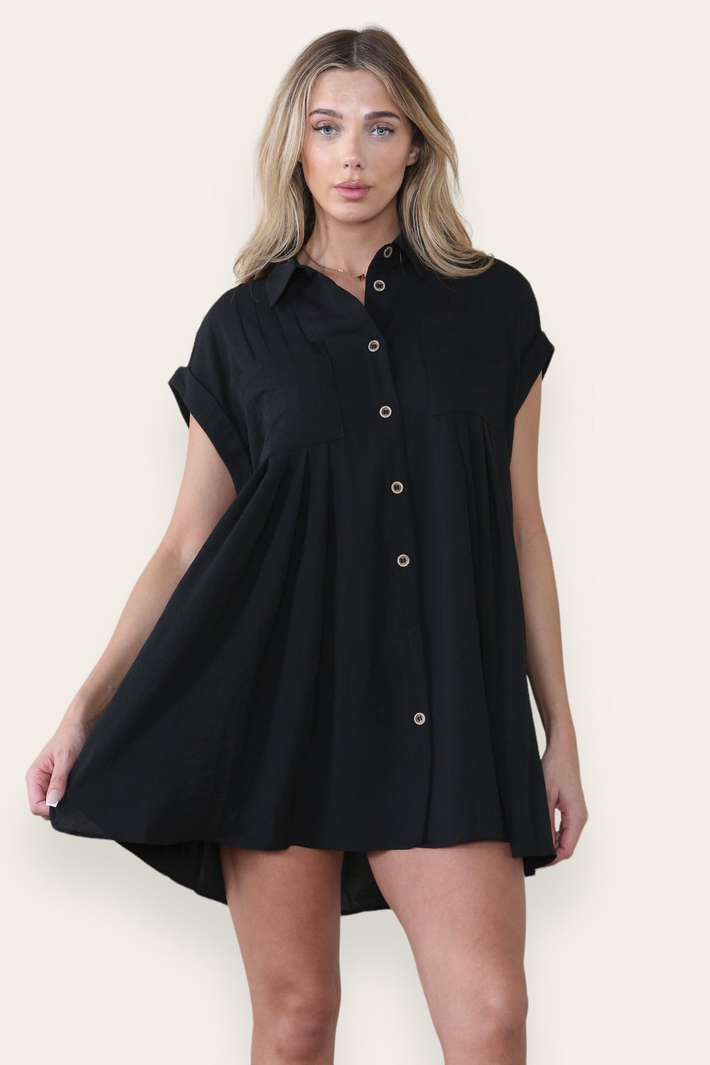 Leisure Collared Short Sleeve Button-Up Ruched Shirtdress