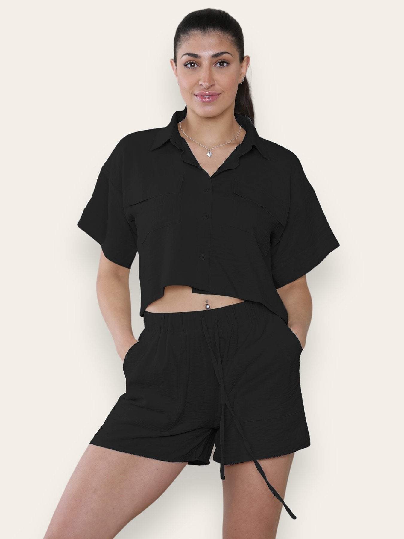 Versatile Solid Collared Flap Pocket Short Sleeve Shirt & Drawstring Waist Shorts Co-ord