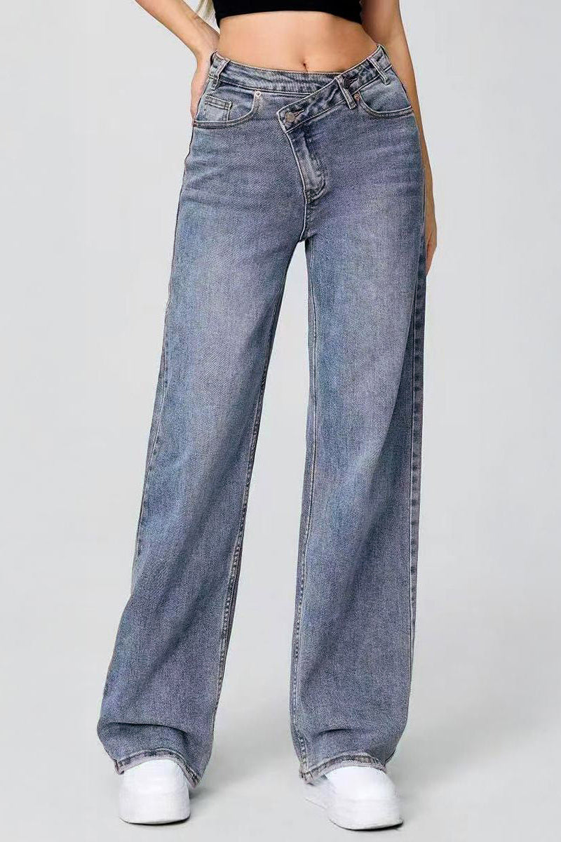 Asymmetrical High Waist Multi Pocket Wide Leg Jeans Street Style