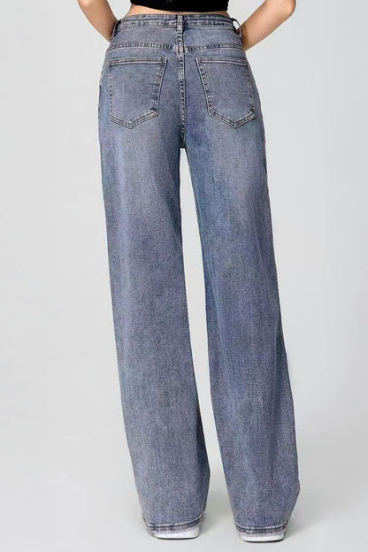 Asymmetrical High Waist Multi Pocket Wide Leg Jeans Street Style