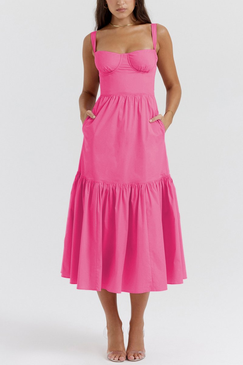 Lovely Thick Strap Pleated Pocket Slim Midi Dress