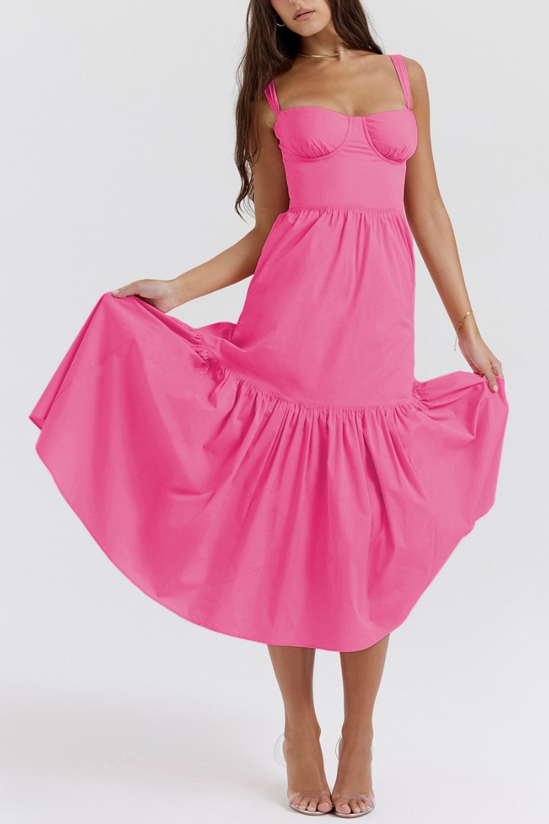 Lovely Thick Strap Pleated Pocket Slim Midi Dress