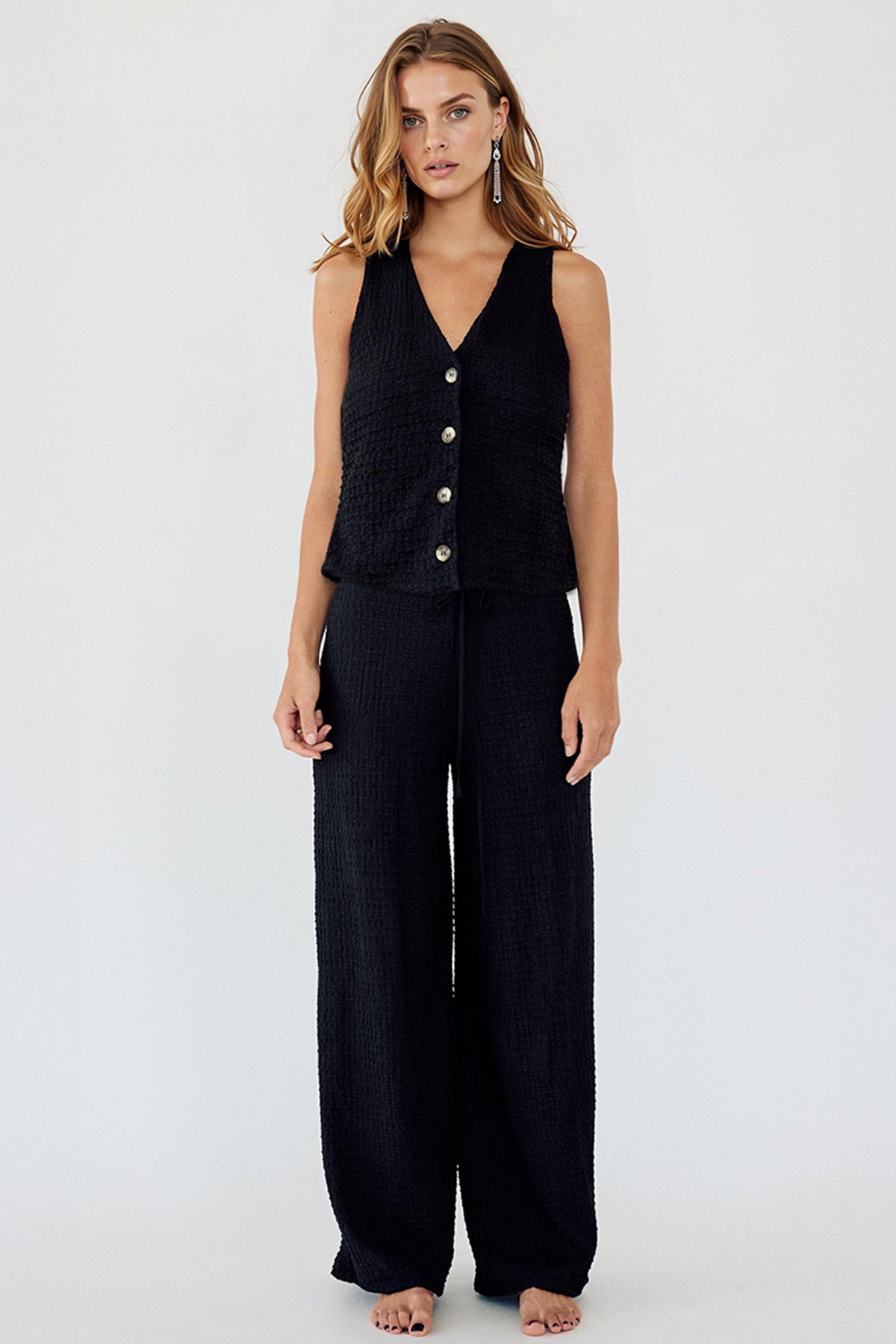 Leisure V-Neck Button Tank Top & Low-Rise Wide Leg Trousers Co-ord