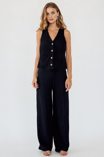 Leisure V-Neck Button Tank Top & Low-Rise Wide Leg Trousers Co-ord
